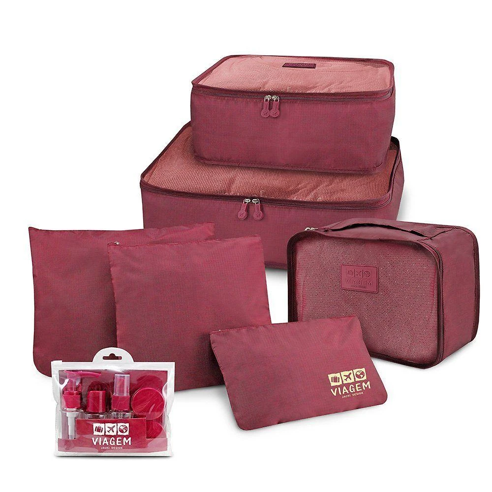 Kit Organizador De Malas + Frascos De Viagem 7 Peças Vinho