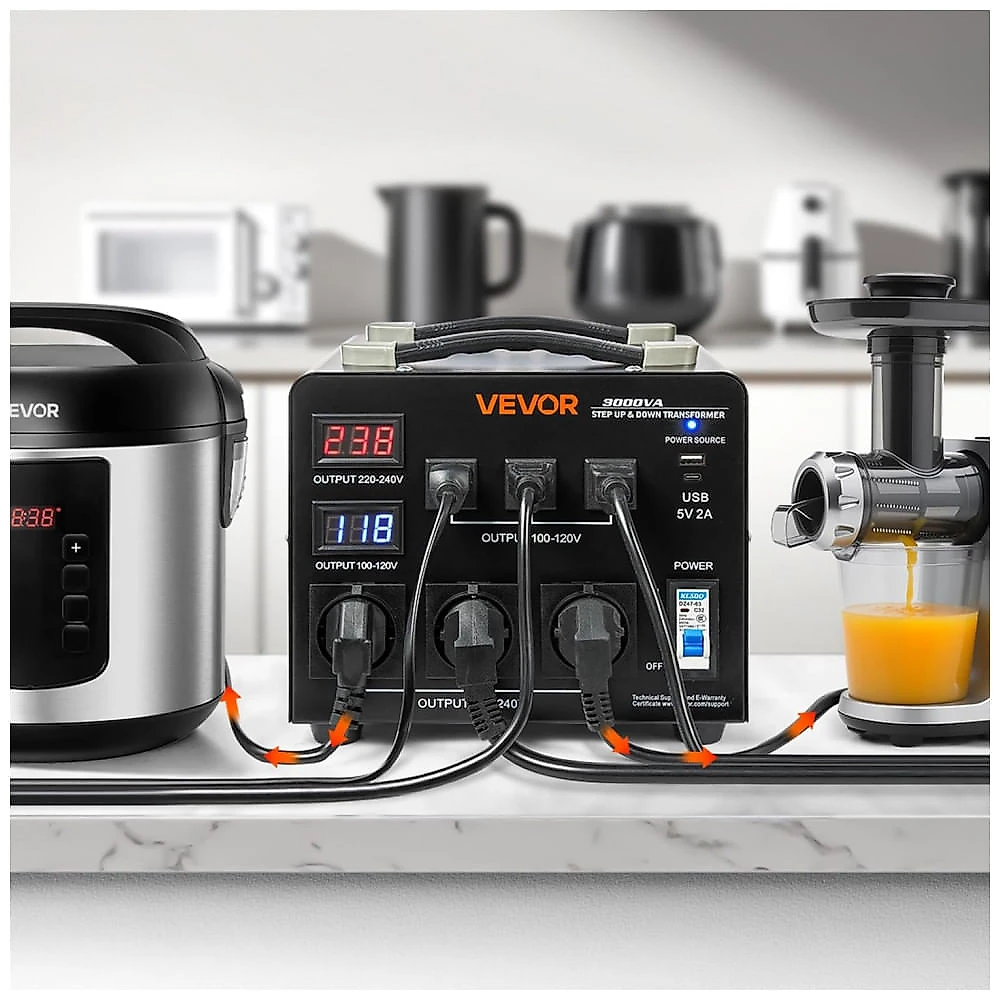 Transformador (Conversor)de Voltagem Automático VEVOR 3000VA Elevação/Redução 110V para 220V/220V para 110V 3 US 3 EU LCD Disjuntor HYMG-3000VA.