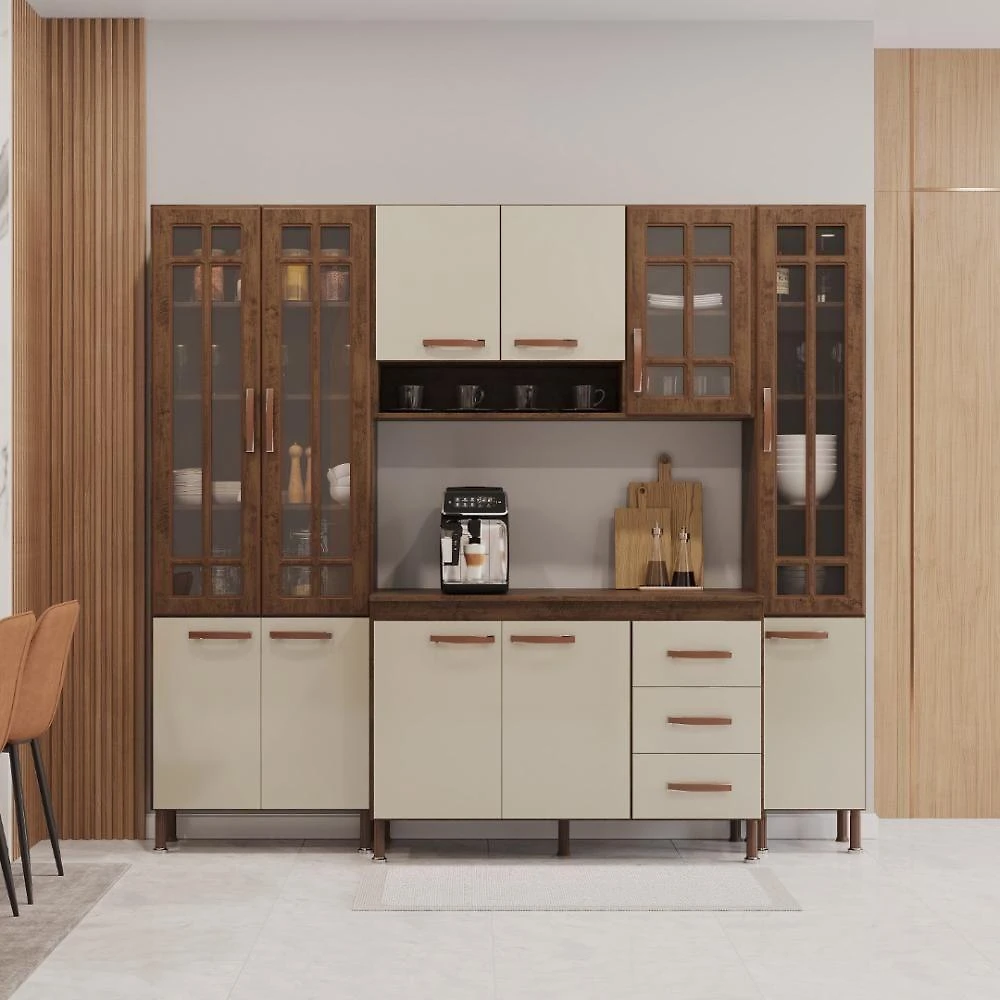 Cozinha Modulada Compacta 4 Peças Lisboa 11 Portas 3 Gavetas MDF-MDP Noce-off-white Fidelita Móveis