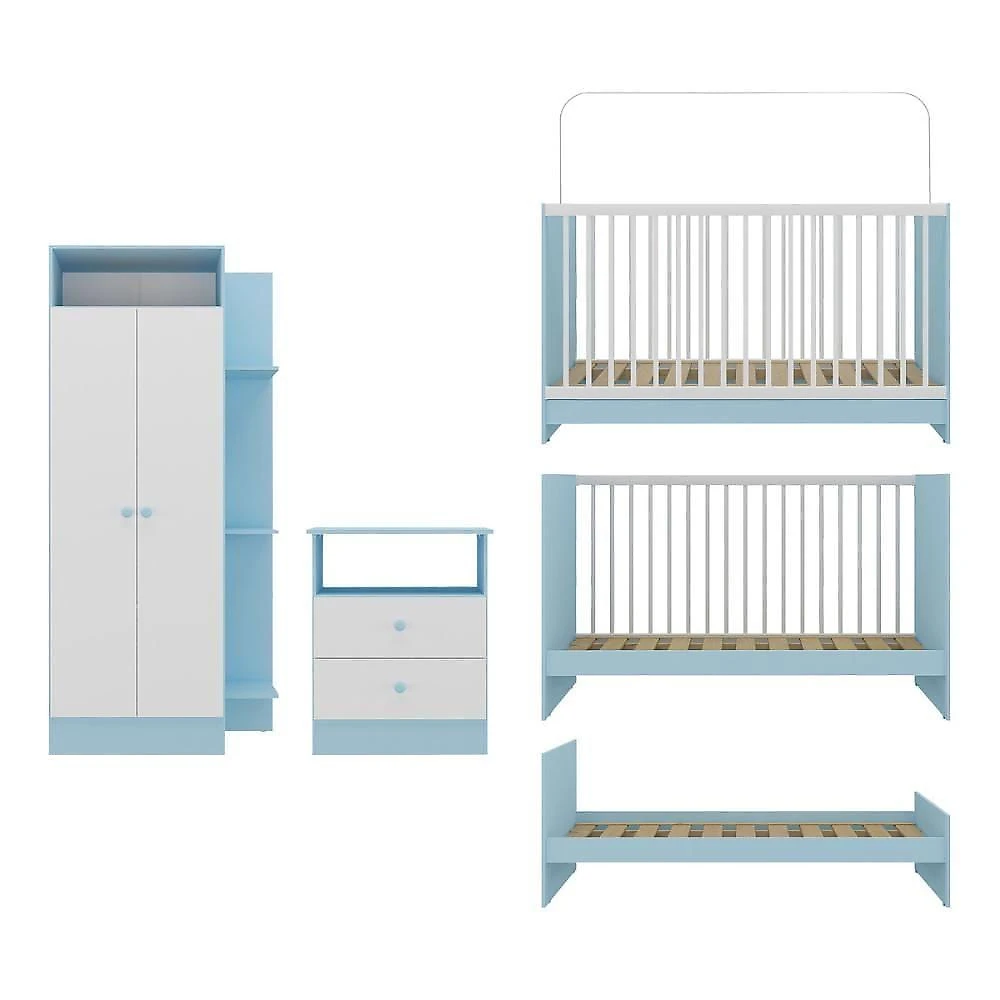 Jogo De Quarto Infantil Com Colchão Incluso Trevalla Móveis Pom Pom - Azul-branco Azul-branco