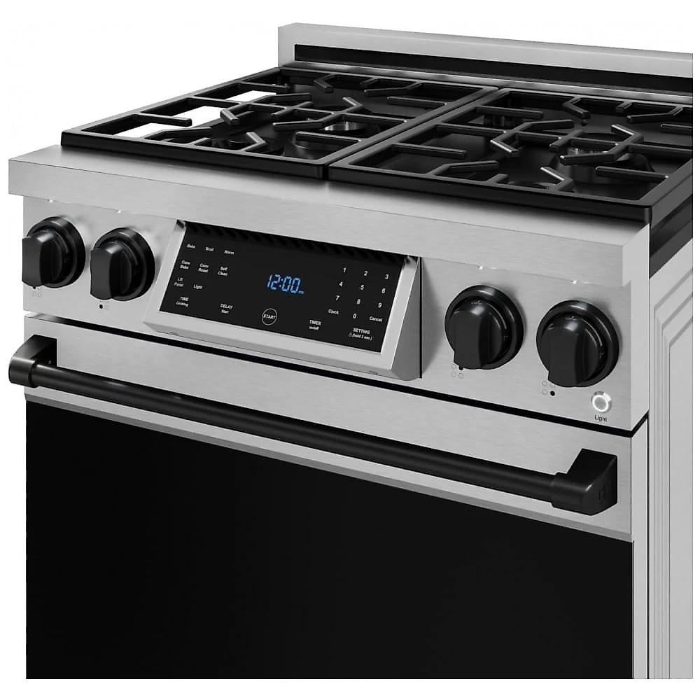 Fogão a gás GLP profissional 76cm Thor Kitchen Gordon Ramsay inox/preto painel touch basculante convecção grelha contínua 129L 110V