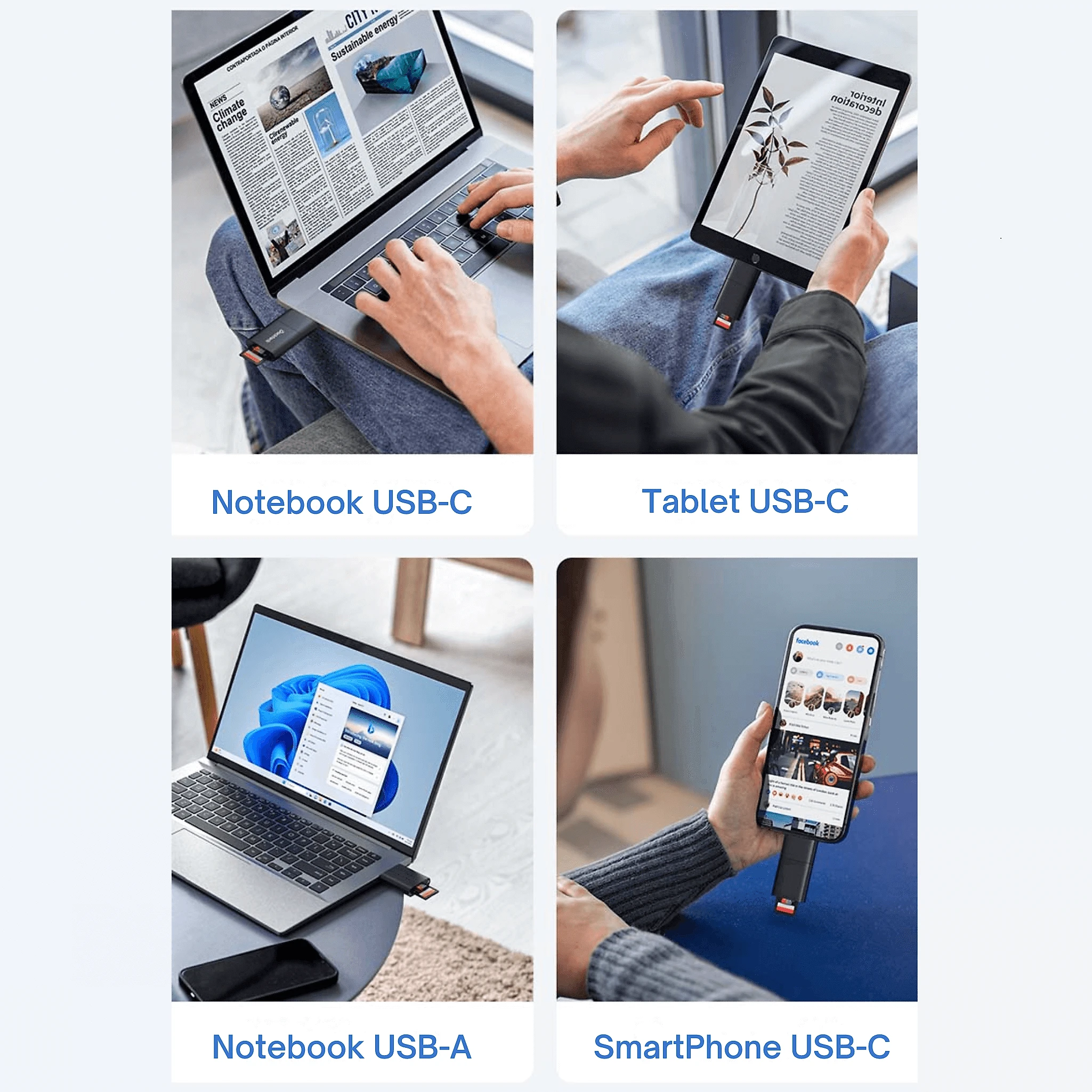 Leitor de Cartão SD/microSD 2 em 1 USB-A + USB-C OTG com Suporte de Chaveiro