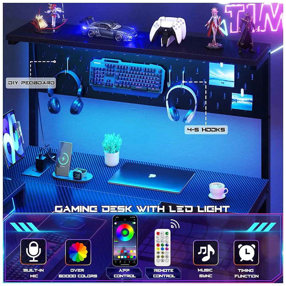 Mesa Gamer de Fibra de Carbono em Formato de L, 43" 109 cm com Luz LED, Suporte para Monitor, Tomadas, Ganchos para Fone de Ouvido e Mesa de Canto 110v