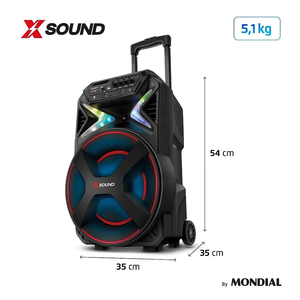 Caixa de som amplificada mondial xsound cm-500-n 500w rms bluetooth rgb bateria bivolt