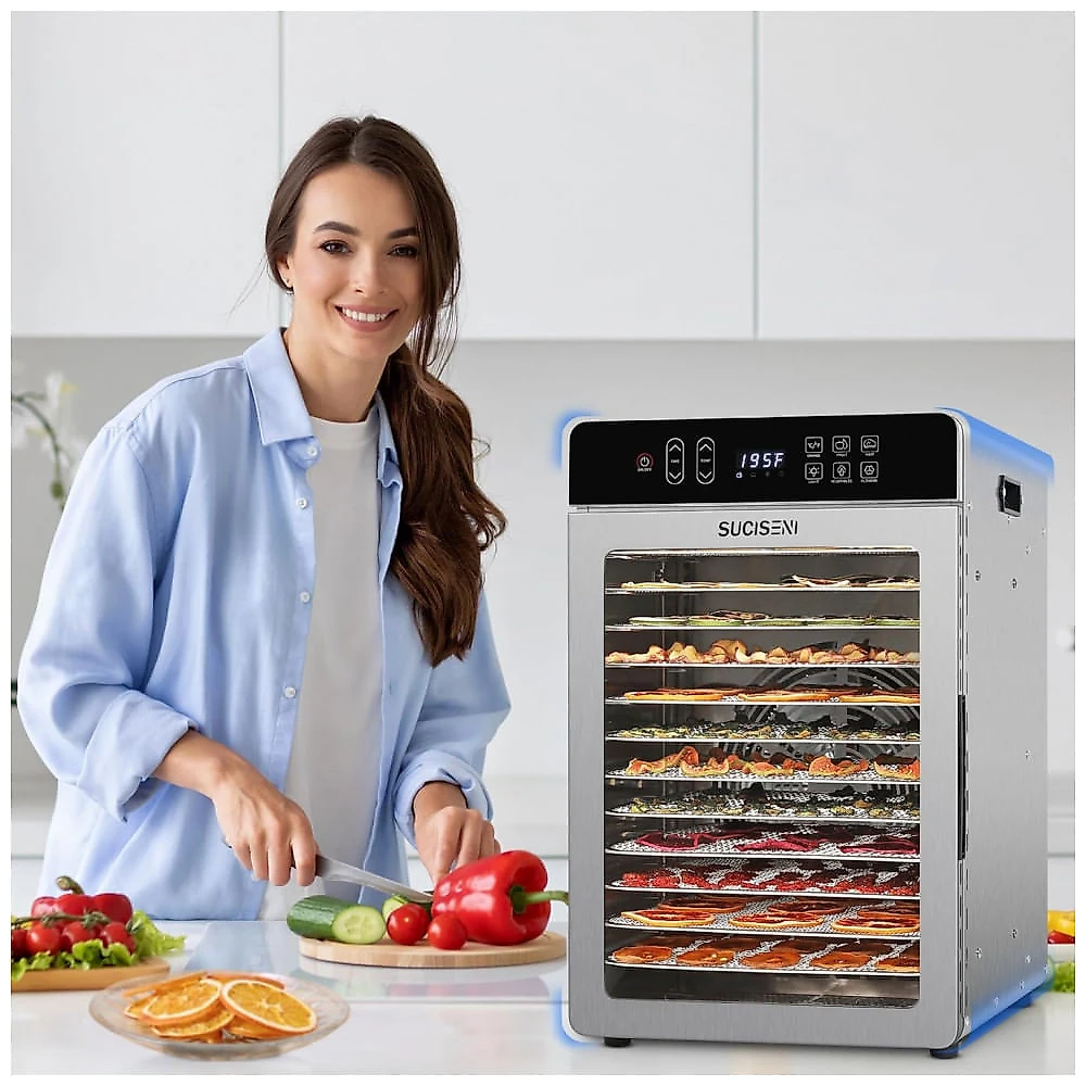 Desidratador de Alimentos para Jerky com 12 Bandejas de 11,42 polegadas, 1000W em Aço Inoxidável com Temporizador de 24 Horas e Controle de Temperatur Desidratador de Alimentos para Jerky com 12 Bandejas de 11,42 polegadas, 1000W em Aço Inoxidável com Temporizador de 24 Horas e Controle de