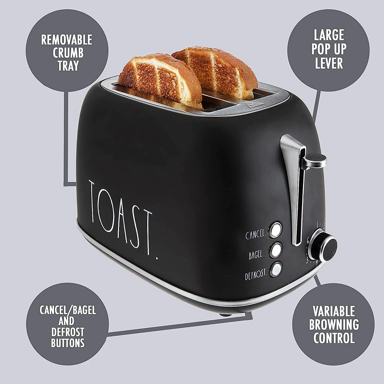 Rae Dunn Retro Rounded Bread Toaster 2 Slice Stainless Steel Toaster with Removable Crumb Tray Wide Slot with 6 Browning Levels Bagel Defrost and Cancel Options Black