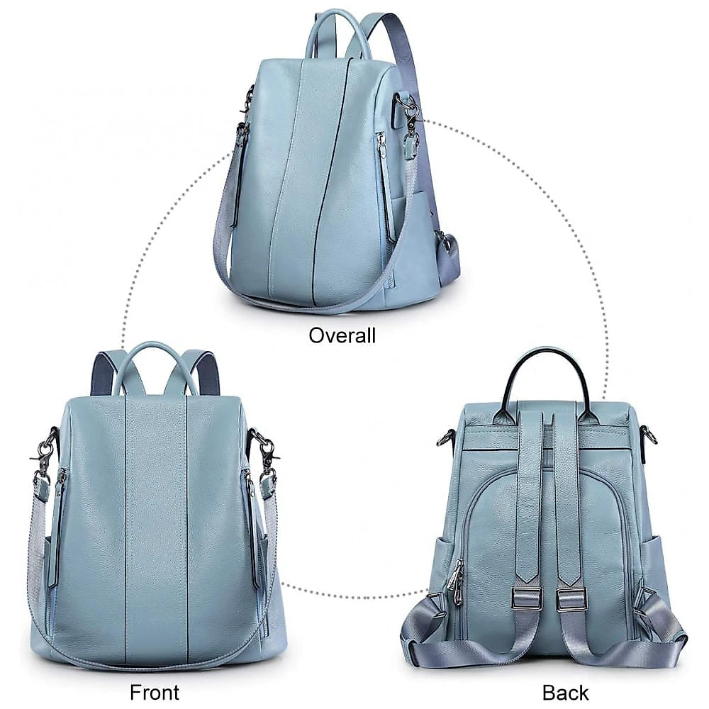 Mochila Feminina de Couro Conversível para Bolsa de Ombro, S ZONE, Azul Claro