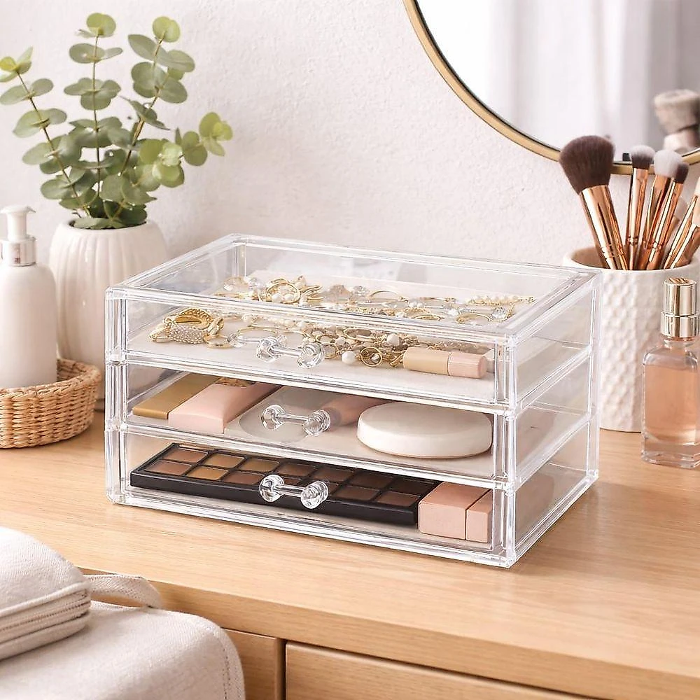 Organizador de Maquiagem Acrílico com 3 Gavetas para Cosméticos e Joias Transparente Utibom