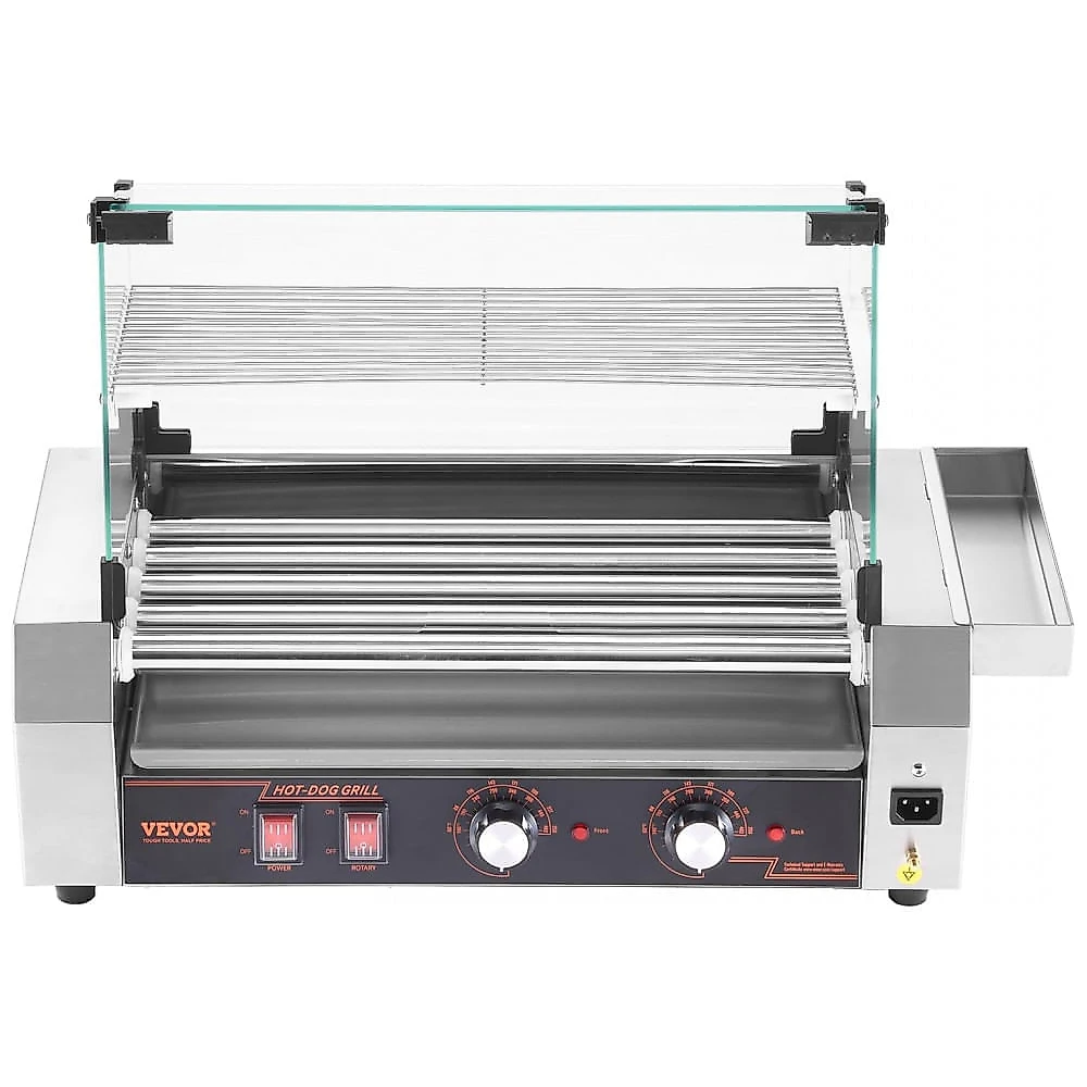 Grill de Hot Dog VEVOR Inox 12 Unidades 5 Rolos Controle Duplo de Temperatura Tampa 750W 110V