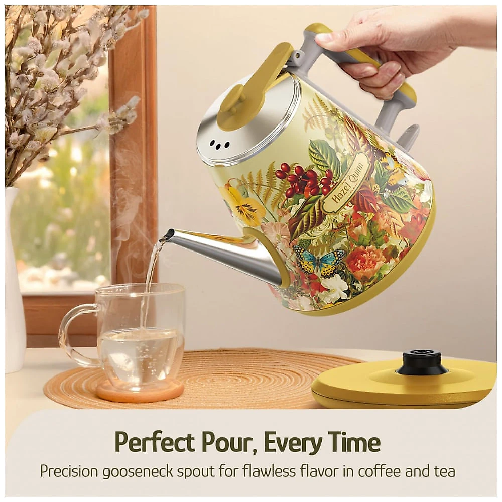 Chaleira elétrica retrô Hazel Quinn floral 1L inox parede dupla bico pescoço de ganso 800W 110V