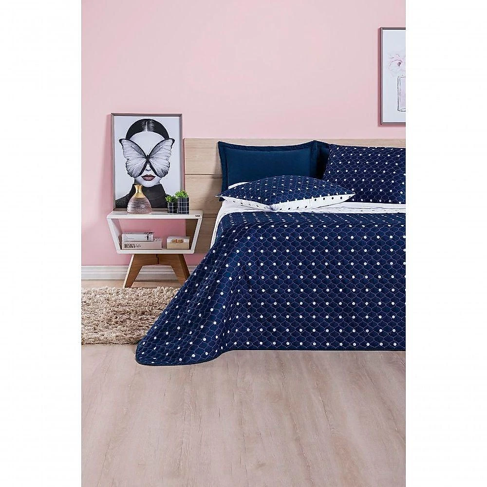 Kit Cobre Leito Jogo de Cama Banho Petit Poá Casal 12 Peças 100% Poliéster Micro Percal Marinho Bia