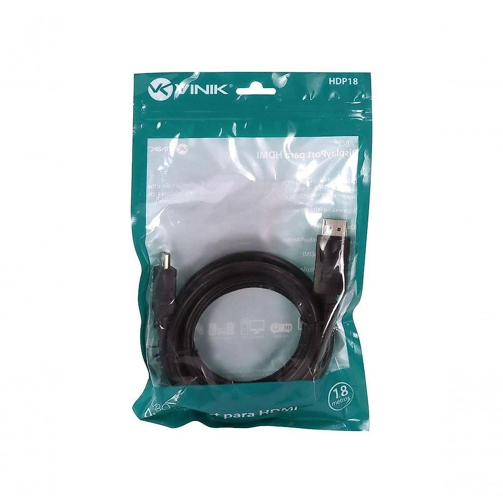 Cabo Displayport para HDMI HDP18 Conversor 1,8m Versão HDMI 1.4 Resolução 4K Vinik