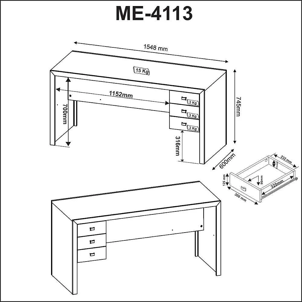 Kit para Escritório 4 Peças 1 Mesa 2 Estantes e Balcão 3 Gavetas MDP Amêndoa Tecno Mobili