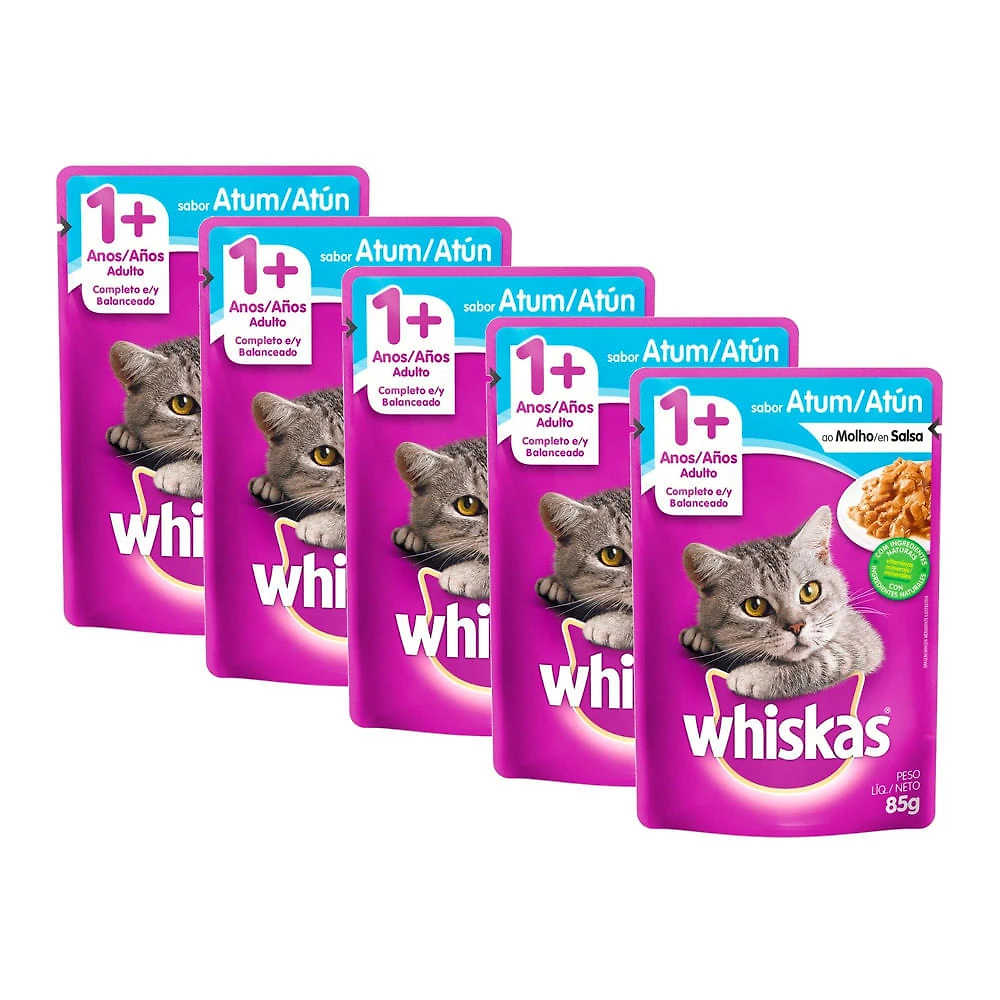 Ração Úmida para Gatos Whiskas Adulto 1+ Anos Sabor Atum ao Molho 85g | Kit com cinco unidades