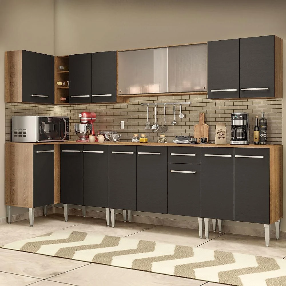 Cozinha completa de canto madesa emilly jazz com armário vidro e balcão rustic/preto