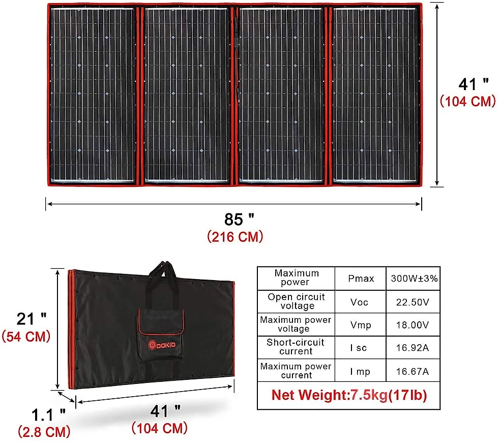 DOKIO Kit Painel Solar, dobrável, monocristalino, c/ controlador de carregador, 300W, 12V, 1 unidade.