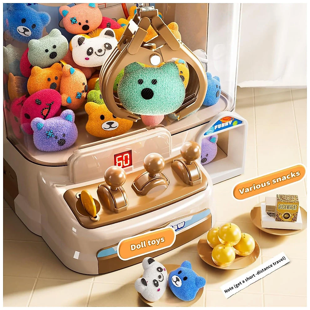 Máquina de Garra Eletrônica Marrom MSKOLER – Vending Machine Infantil Urso com 10 Mini Pelúcias, 20 Moedas, Som e Temporizador de 60s