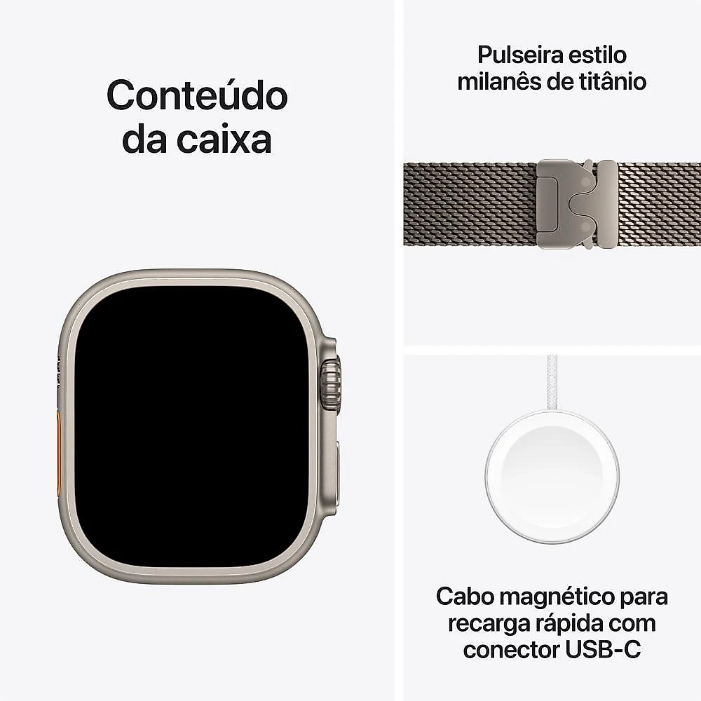 Apple Watch Ultra 3 GPS + Cellular, 49 mm, Caixa Natural de Titânio, Pulseira Natural Estilo Milanês de Titânio – P