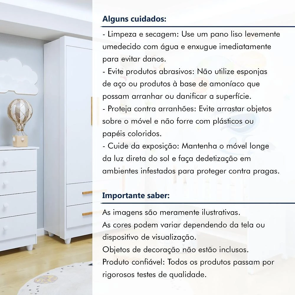 Quarto de Bebê Completo com Cômoda, Mini Berço com Colchão e Guarda Roupas Lila Branco