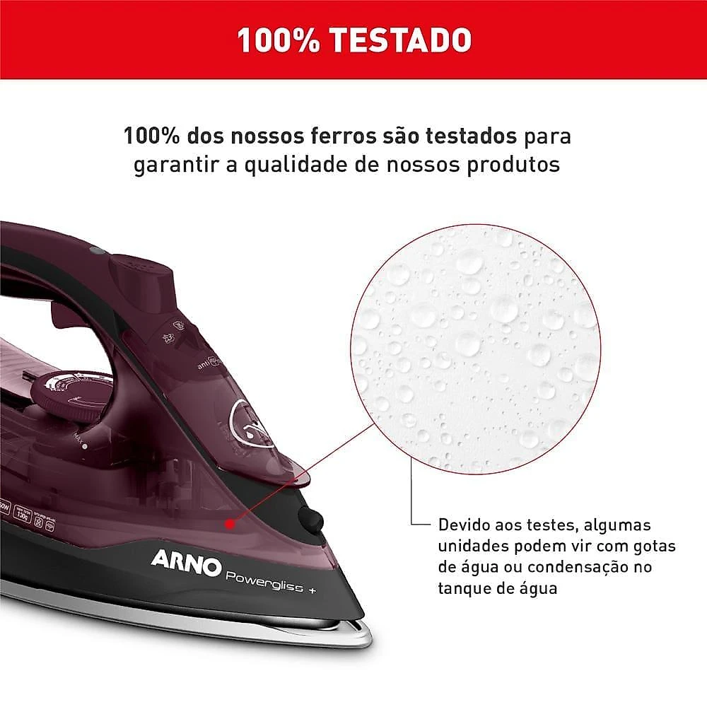 Ferro de passar a vapor arno ultragliss com spray e base durilium airglide - vinho 220