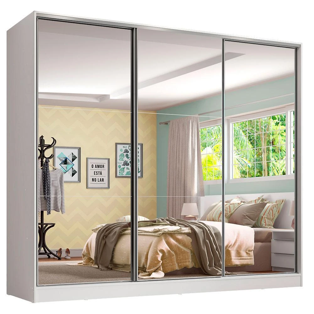 Guarda roupa infantil 100% mdf madesa logan 3 portas de correr de espelho - branco