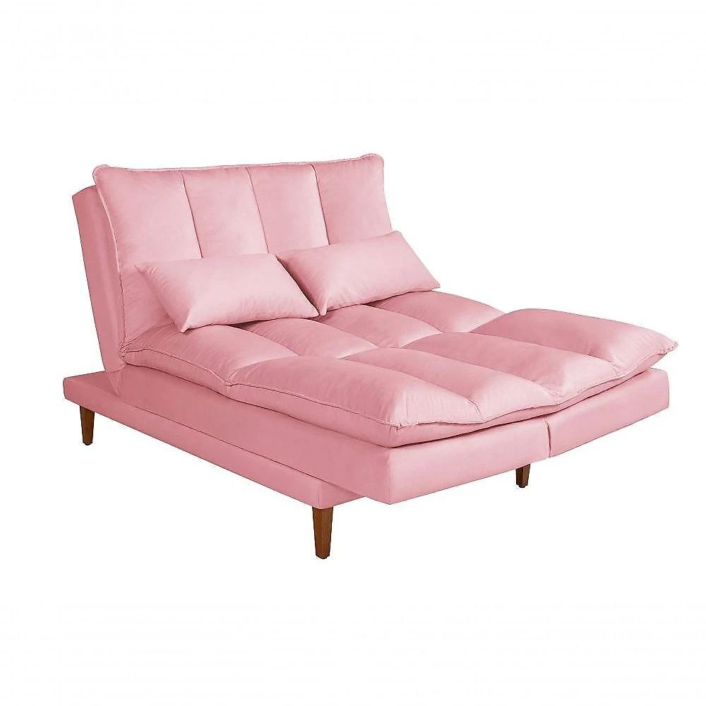 Sofá Cama Vancouver 3 Lugares Império Reclinável Casal Pés Madeira Suede Rosa 200