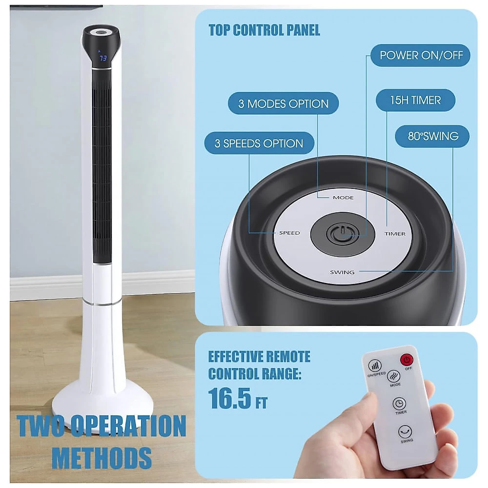 Ventilador de Torre sem Lâmina com Controle Remoto, Display LED e Temporizador 15h, LDAILY, Branco