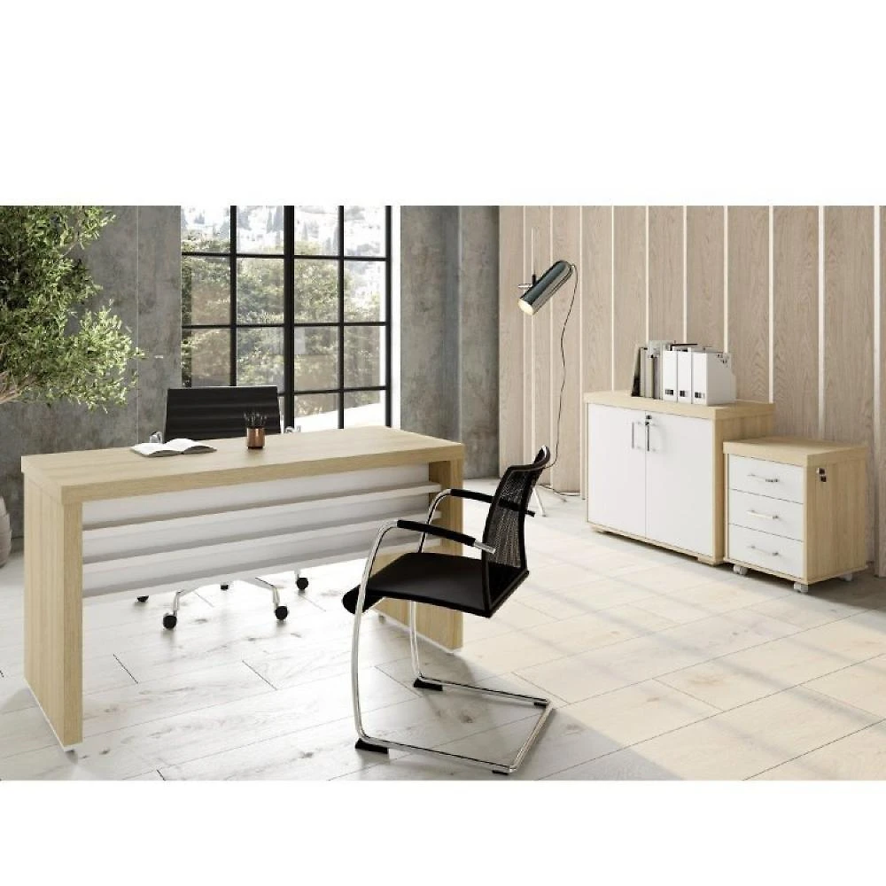 Kit Escritório Completo 1 Mesa 135cm 1 Balcão Baixo 1 Gaveteiro com Rodinhas