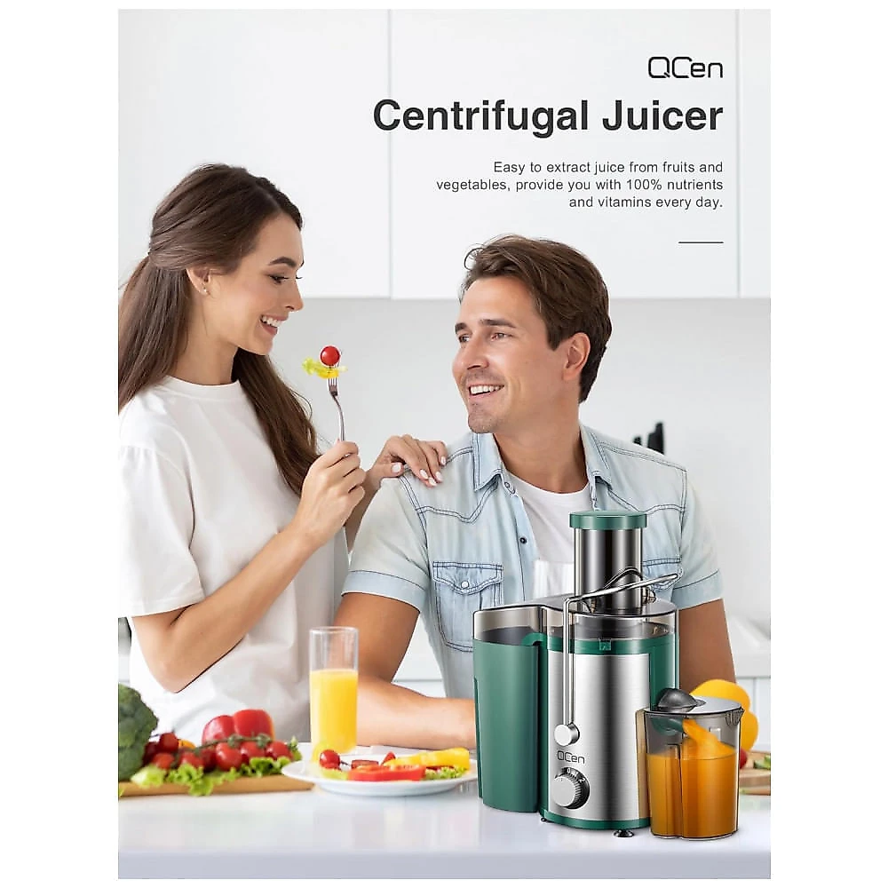 Extrator de Suco Centrífugo Qcen, 800W com Boca de Alimentação Larga para Frutas e Vegetais, Fácil de Limpar - Aço Inoxidável Verde 800W