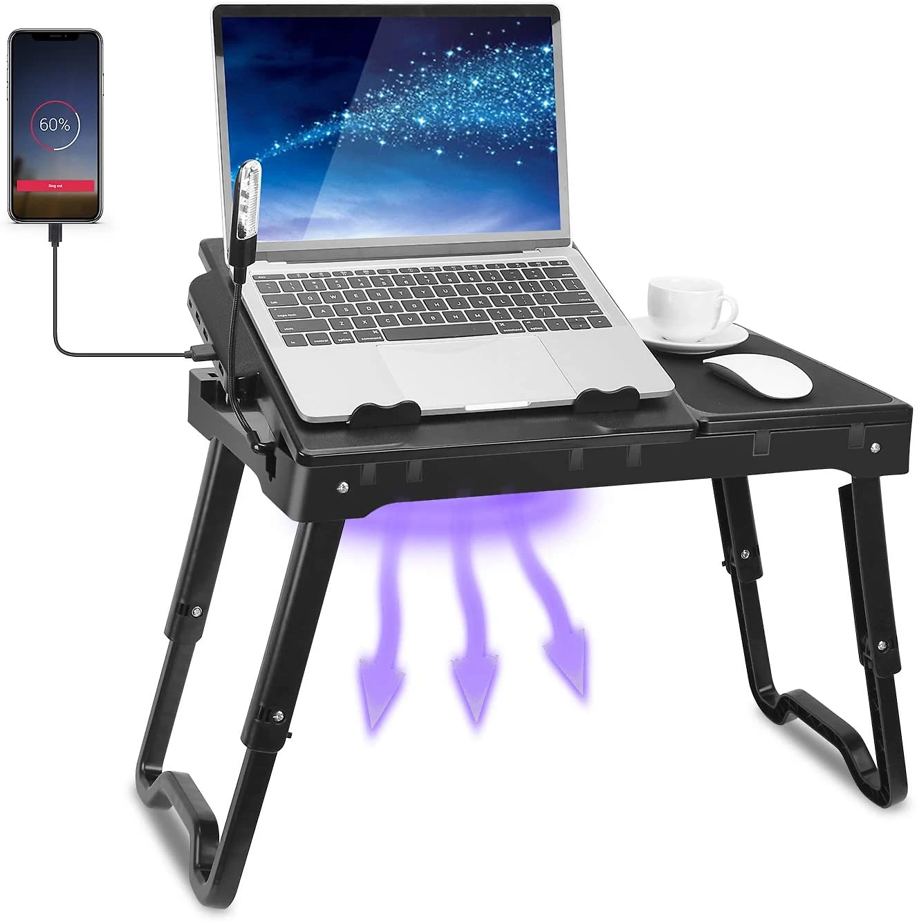 Mesa para laptop para cama com ventilador com pernas dobráveis Bandeja com luz LED 4 portas USB armazenamento mouse pad
