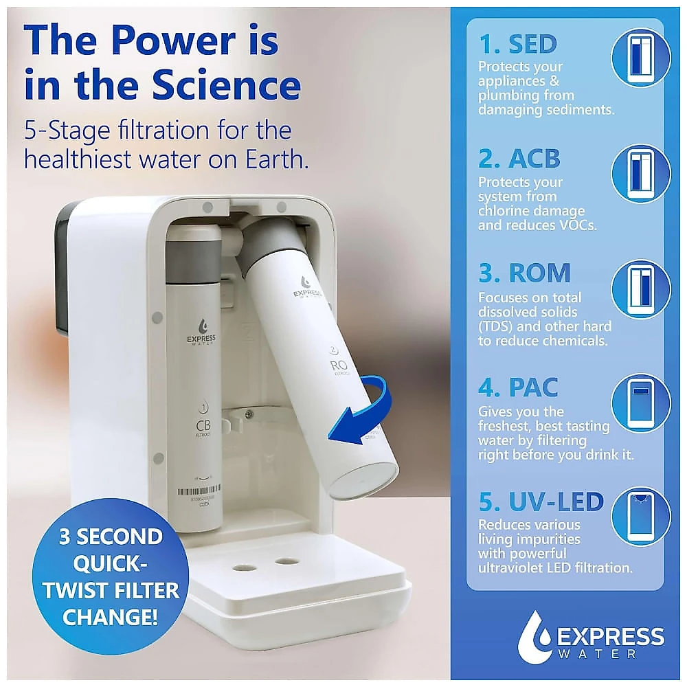 Miniatura Filtro de Água de Bancada sem Instalação com Osmose Reversa e Filtro de Água RO, 110V Express Water ROC001, Branco