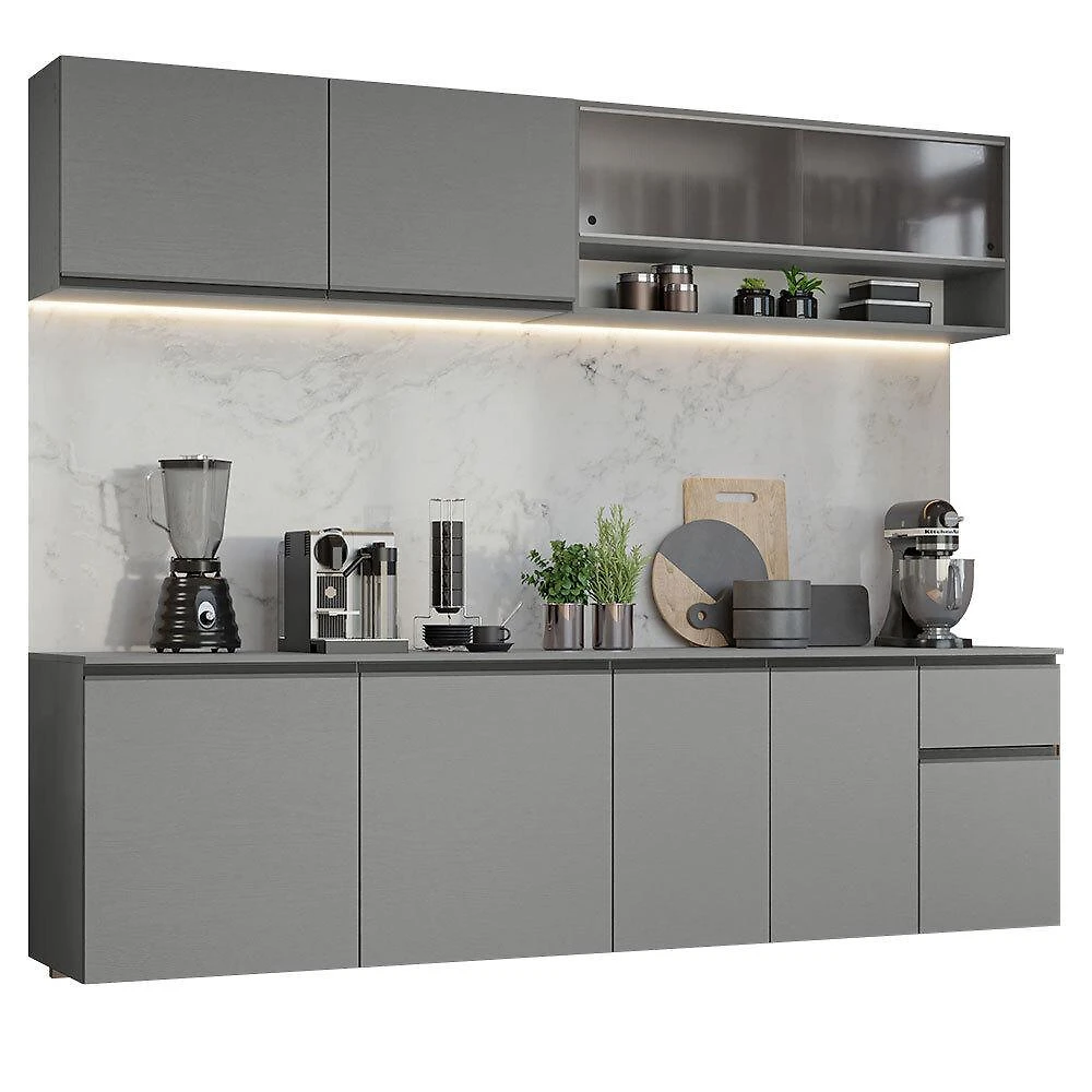 Armário de cozinha completa suspenso 240cm cinza nice madesa 04