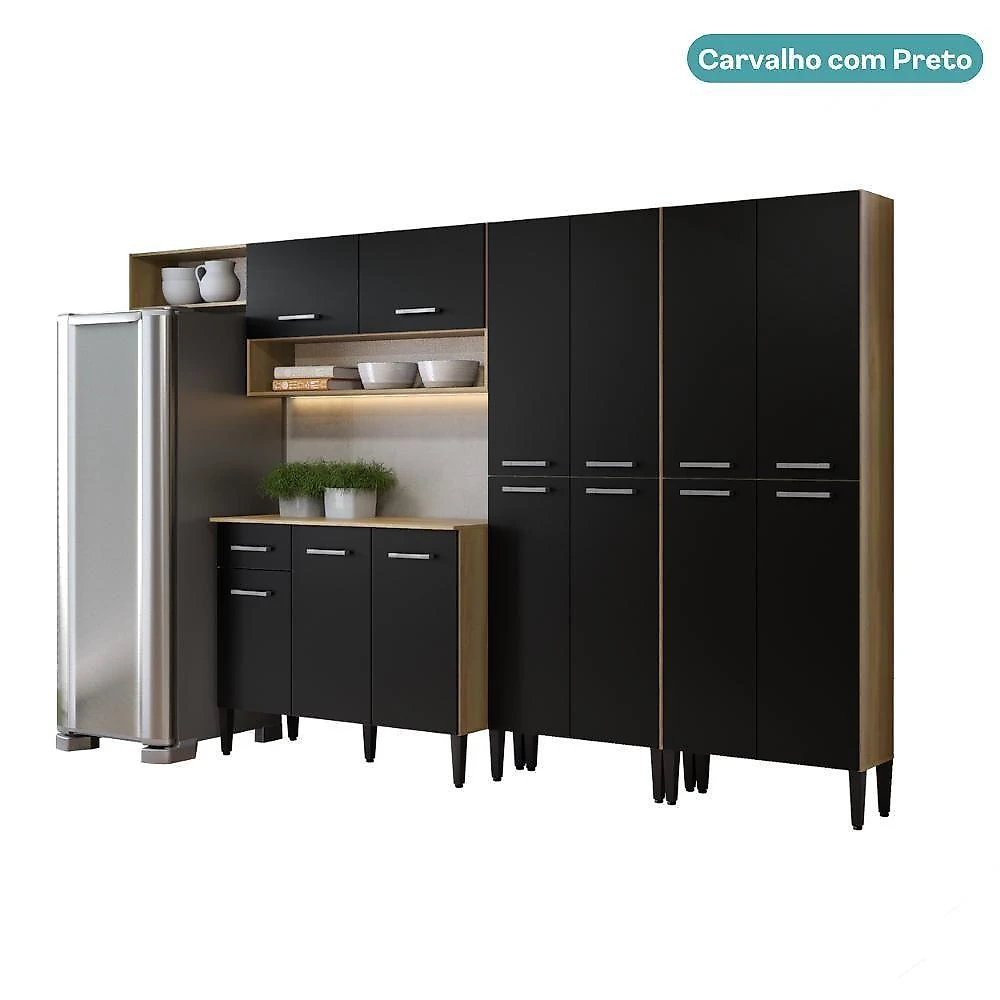 Cozinha Arizona Fusion Two 13 Portas 1 Gaveta MDP Carvalho com Preto Carraro