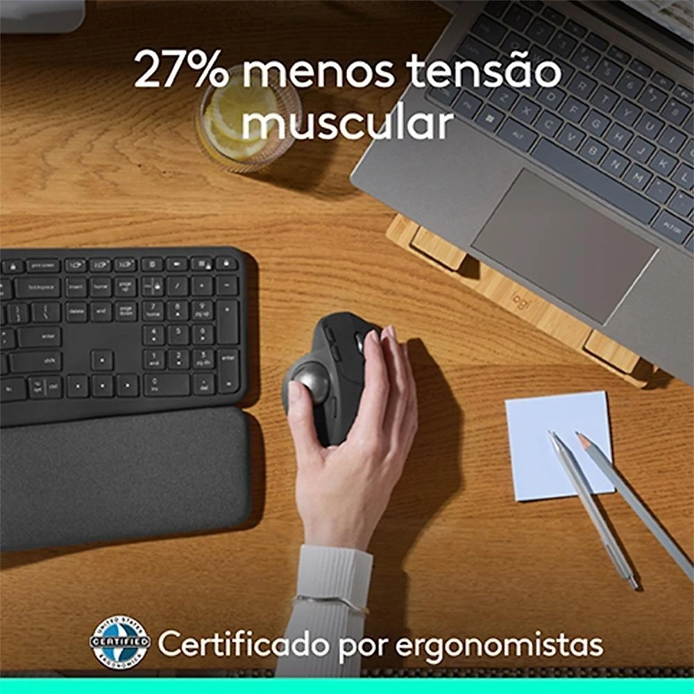 Mouse sem Fio Logitech Trackball MX Ergo S,  Bluetooth e USB Logi Bolt, 6 Botões Programáveis com Ajuste de Ângulo, Preto - 910-007261