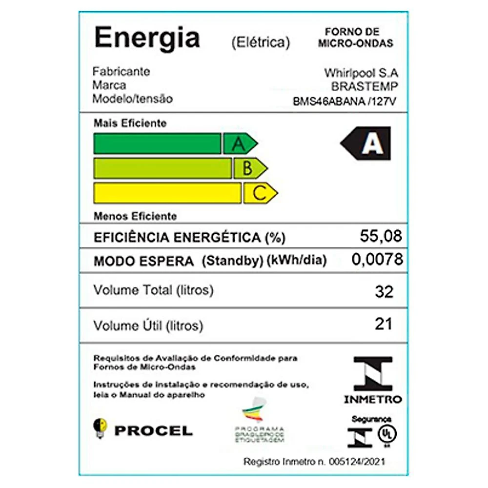 Micro-ondas Brastemp BMS46AB, 32 Litros, Branco  110 Volts