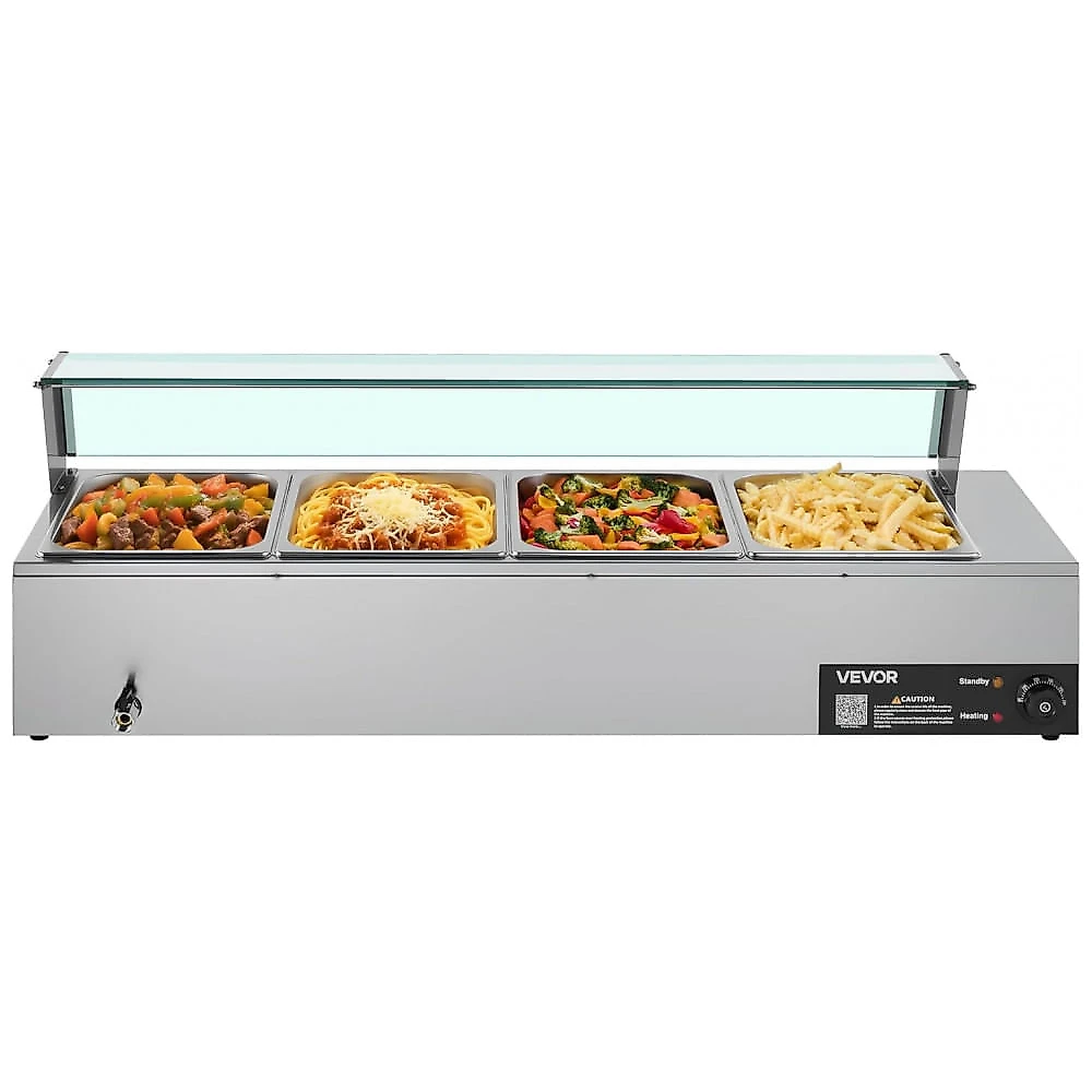 Aquecedor de Alimentos Buffet VEVOR M-2214 Inox 4 Cubas Banho-Maria Tampa de Vidro 1500W 110V
