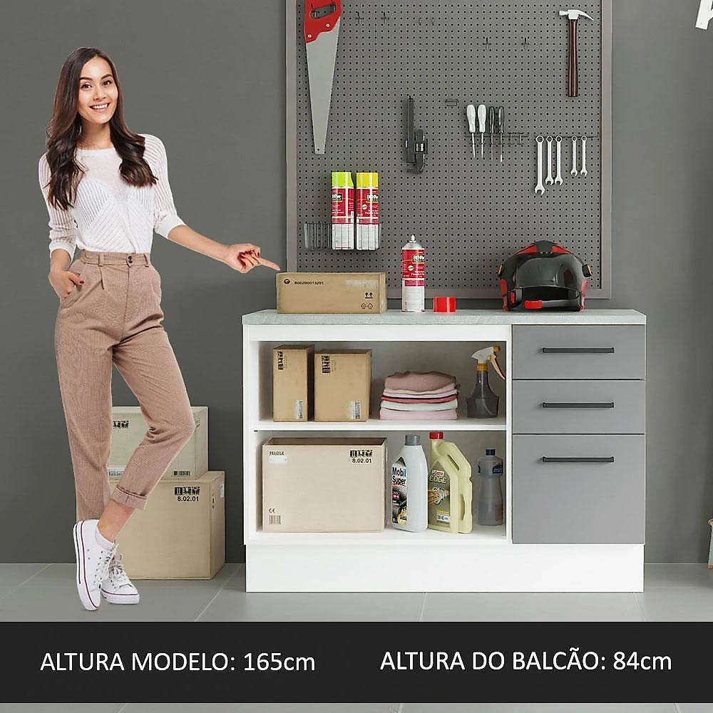 Balcão Multiuso 120cm 2 Portas 3 Gavetas Branco/Cinza Agata Madesa Branco/Cinza
