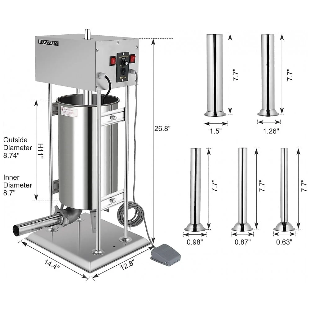 Máquina de Fazer Linguiça Elétrica ROVSUN 10L, Aço Inoxidável com Capacidade de 15,4 libras, Velocidade Ajustável e 5 Tubos de Enchimento,