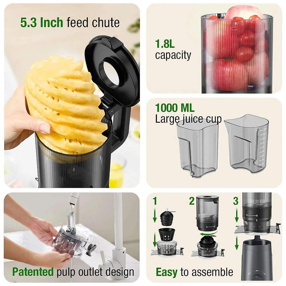 Extrator de Sucos TUUMIIST, Espremedor a Frio com Boca de Alimentação Extra Larga de 13,5 cm para Frutas e Vegetais Inteiros, Fácil de Limpar,
