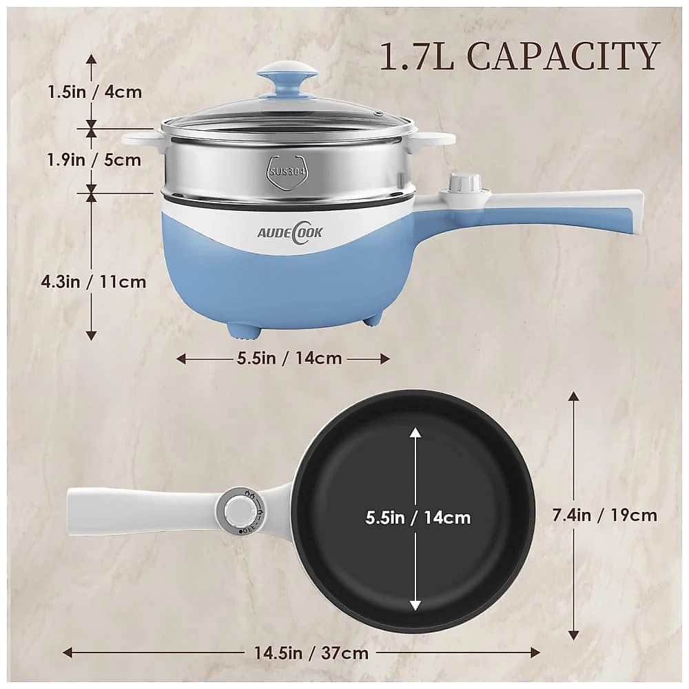 Panela Elétrica Multifuncional 1,7L com Vaporizador e Frigideira Antiaderente. Ideal para cozinhar macarrão instantâneo.Audecook