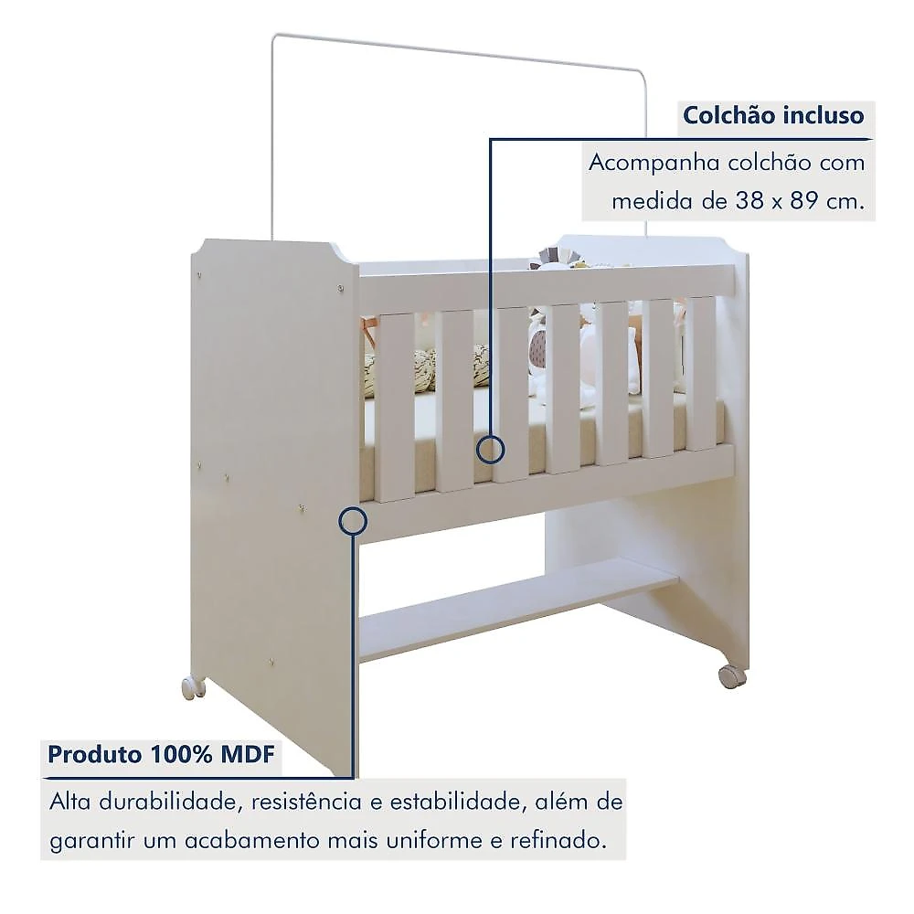 Quarto de Bebê Completo com Cômoda, Mini Berço com Colchão e Guarda Roupas Lila Branco