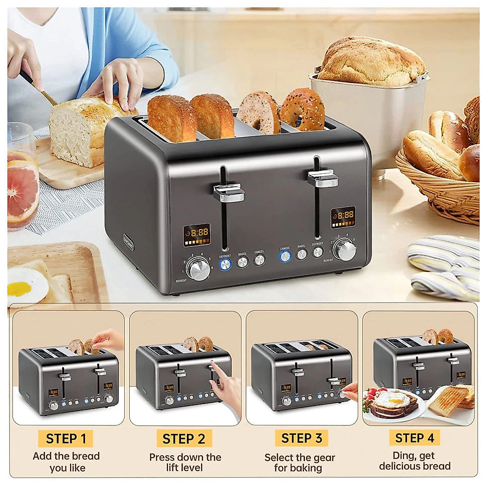 Torradeira Elétrica 4 Fatias, Aço Inoxidável 1800W, 110v, SEEDEEM, Cinza escuro