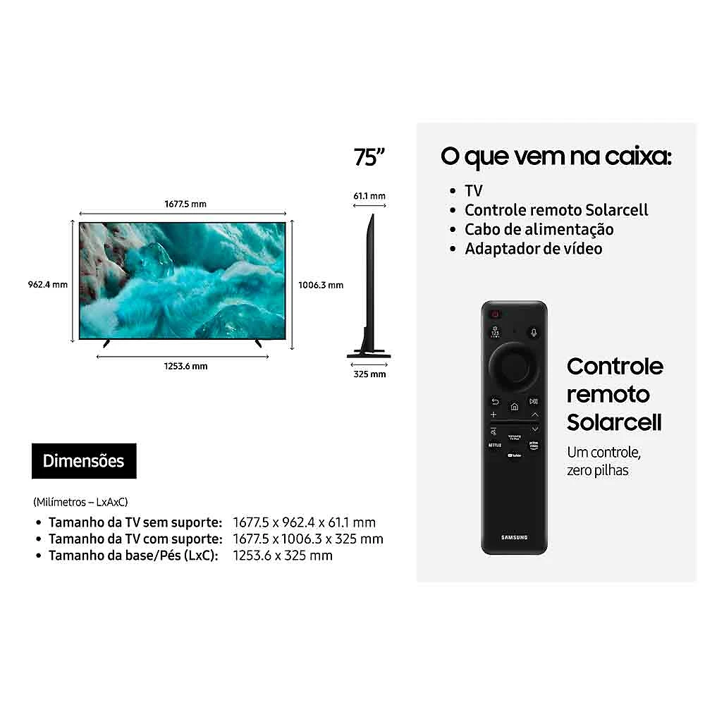 Miniatura Smart TV Samsung 75" Polegadas QLED 4K Q7F 2025, Processador com AI e Alexa Integrada Bivolt