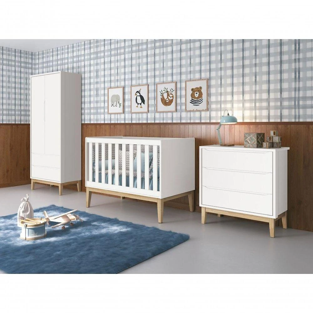 Jogo De Quarto Para Bebê Completo 2 Portas Classic New Branco Fosco Com Natural - Reller