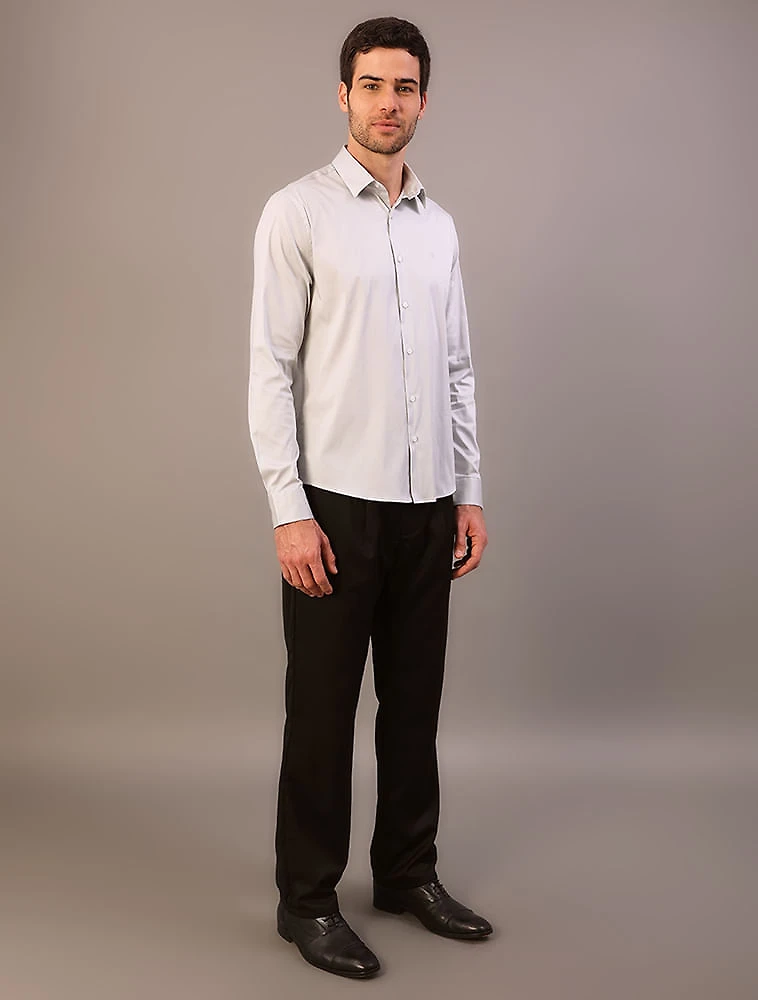 Camisa Masculina Manga Longa Slim Básica - Cinza Claro