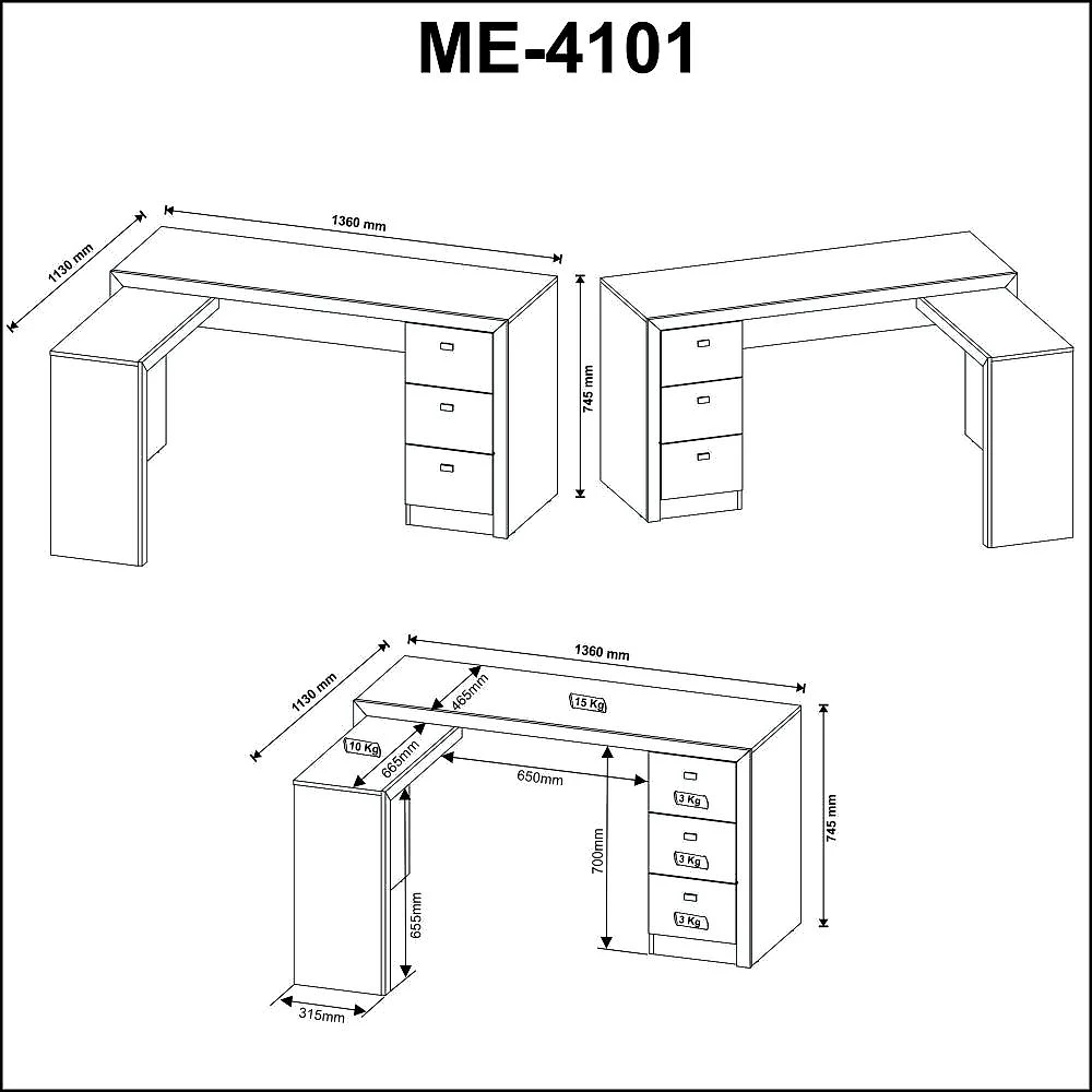Mesa para Escritório em L com 3 Gaveta Me4101 Tecno Mobili
