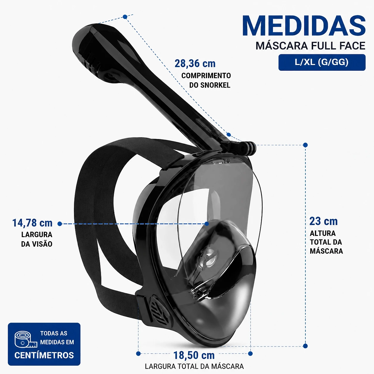 Máscara de Mergulho Snorkel Full Face Free Breath Preta com Suporte GoPro