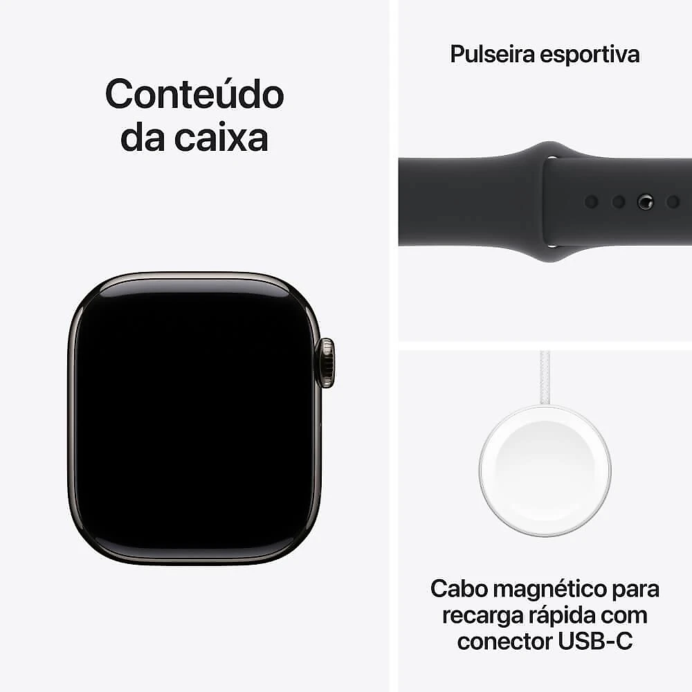Apple Watch Series 10 GPS + Cellular • Caixa ardósia de titânio – 42 mm • Pulseira esportiva preta – P/M