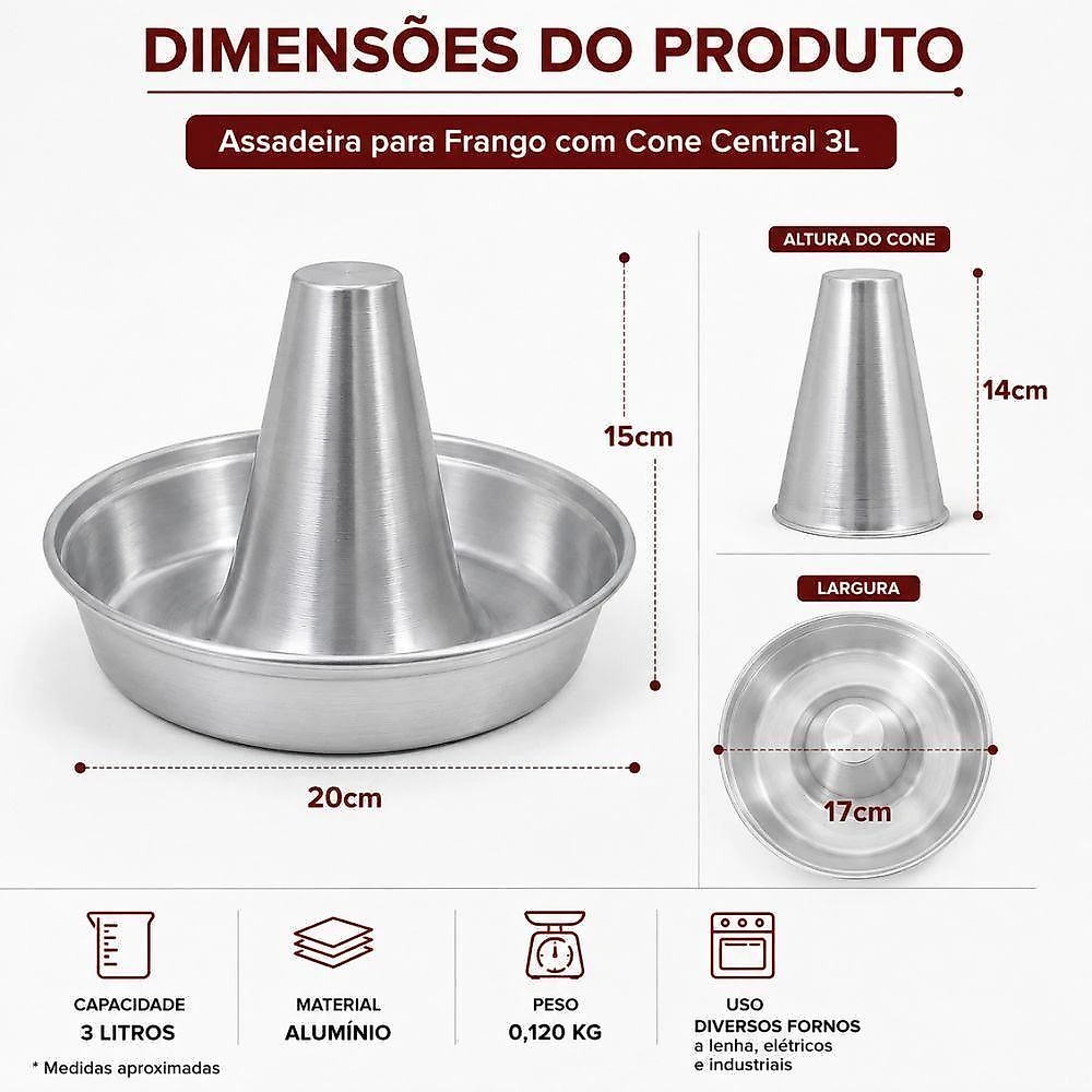 Assadeira de Frango em Alumínio com Cone Central para Aves 3L Prata Yeet
