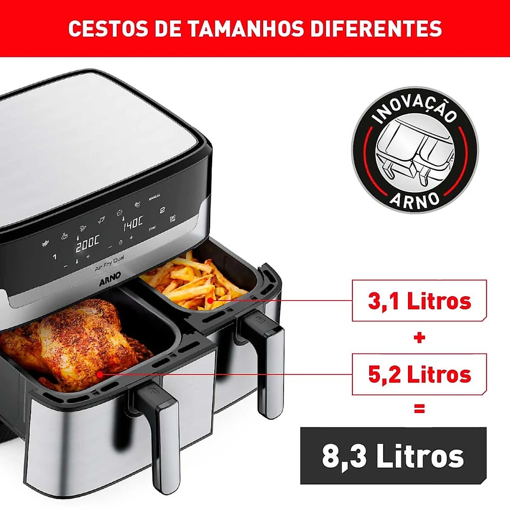 Fritadeira Elétrica AFD2 Sem Óleo Air Fryer Dual 8,3L Arno Preto / Inox - 220V